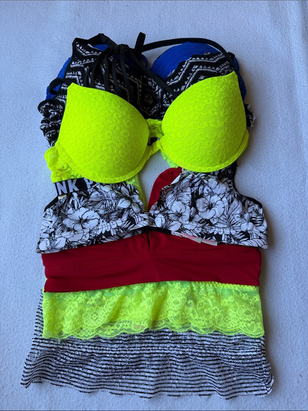 Lot of 7 Pink Victorias Secret lace bralettes Neon Yellow Lace Push-Up Bra Top